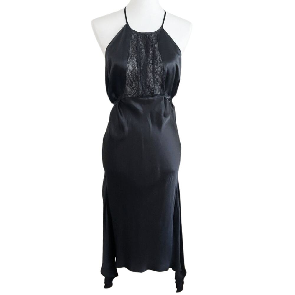 Vintage Y2K Gaia Black Silk Lace Halter Dress – Early 2000s, Size Small